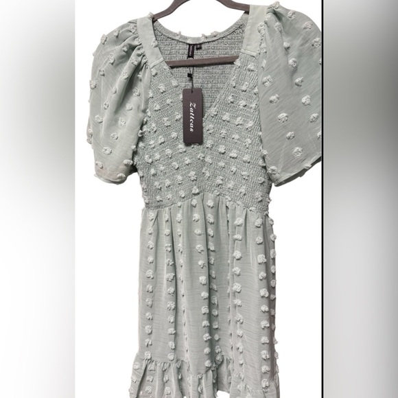 Smocked Dress Short Flutter Sleeve V Neck Swiss Dot Babydoll Ruffle Dress - Picture 1 of 2